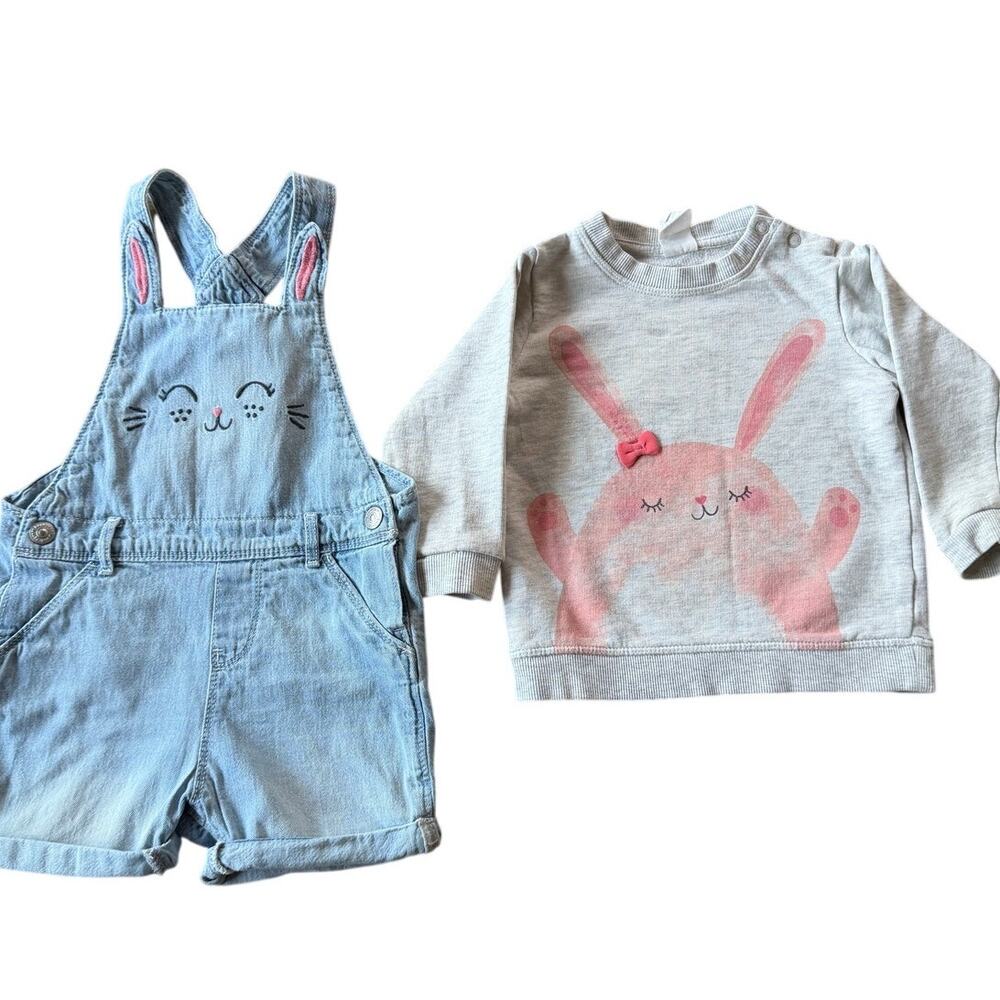 H&M Bunny Denim Shortall & Sweatshirt Set Baby Girl 9-12M